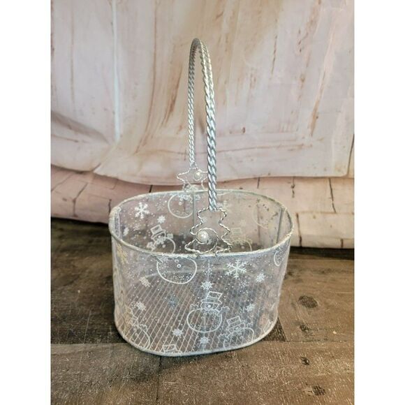 White silver snowman snowflake basket Xmas decor - Picture 2 of 6